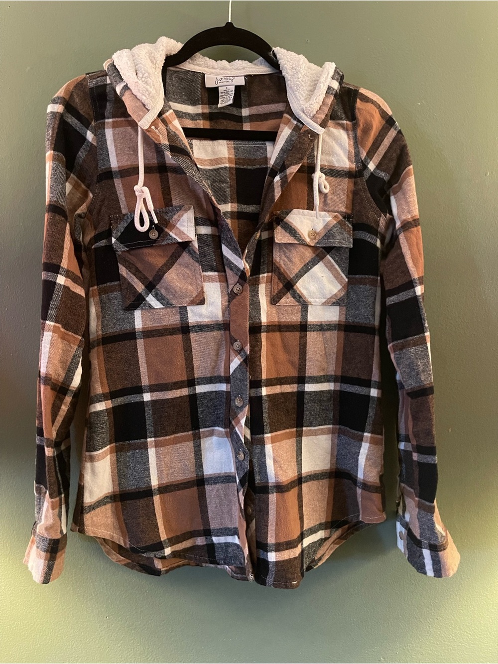 Women’s Sherpa-Lined Plaid Hooded Button-Down Shirt - Brown/Black/White